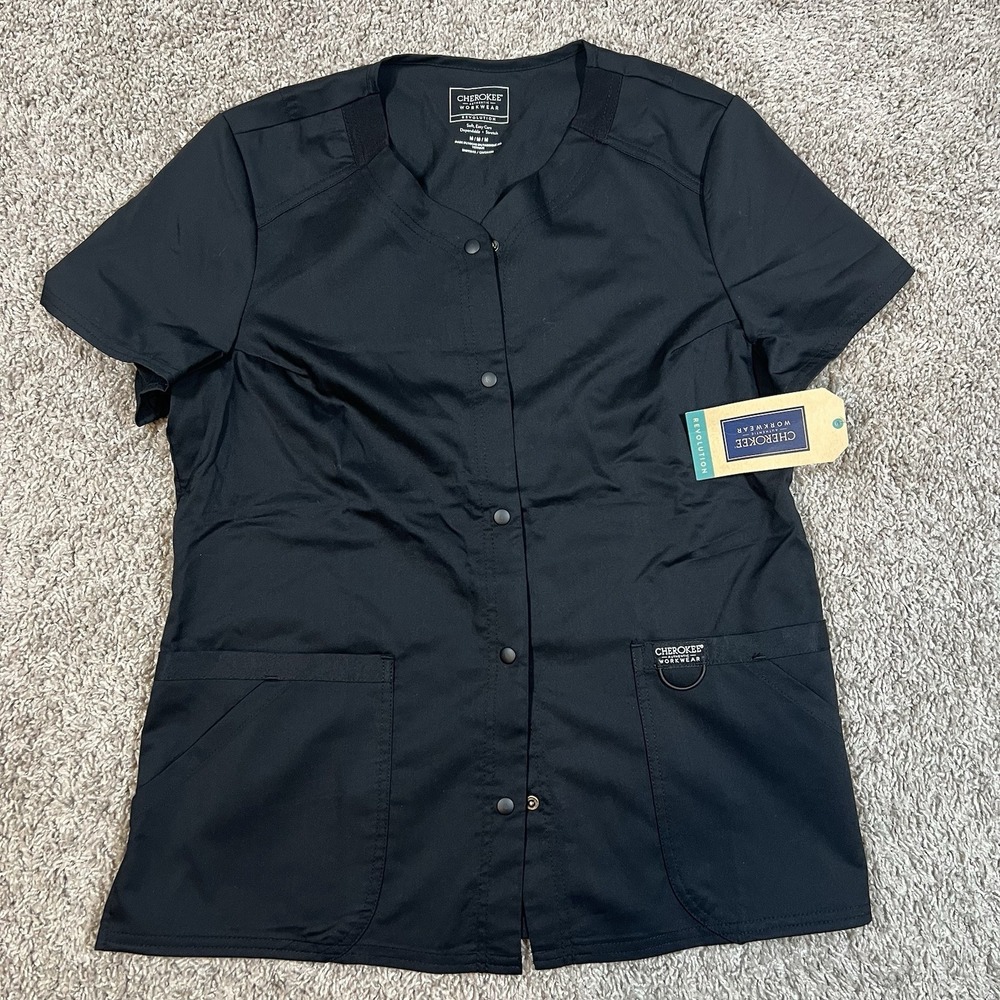 Cherokee Revolution Modern Classic 2 Pocket Snap Front V Back Scrub Top M Black